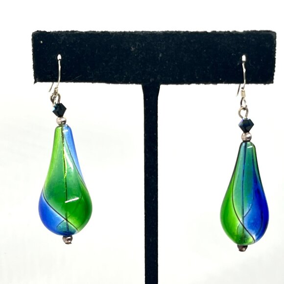 GREEN BLUE ART GLASS DROP EARRINGS STERLING 925 HOOKS HANDMADE MURANO STYLE - Picture 3 of 15